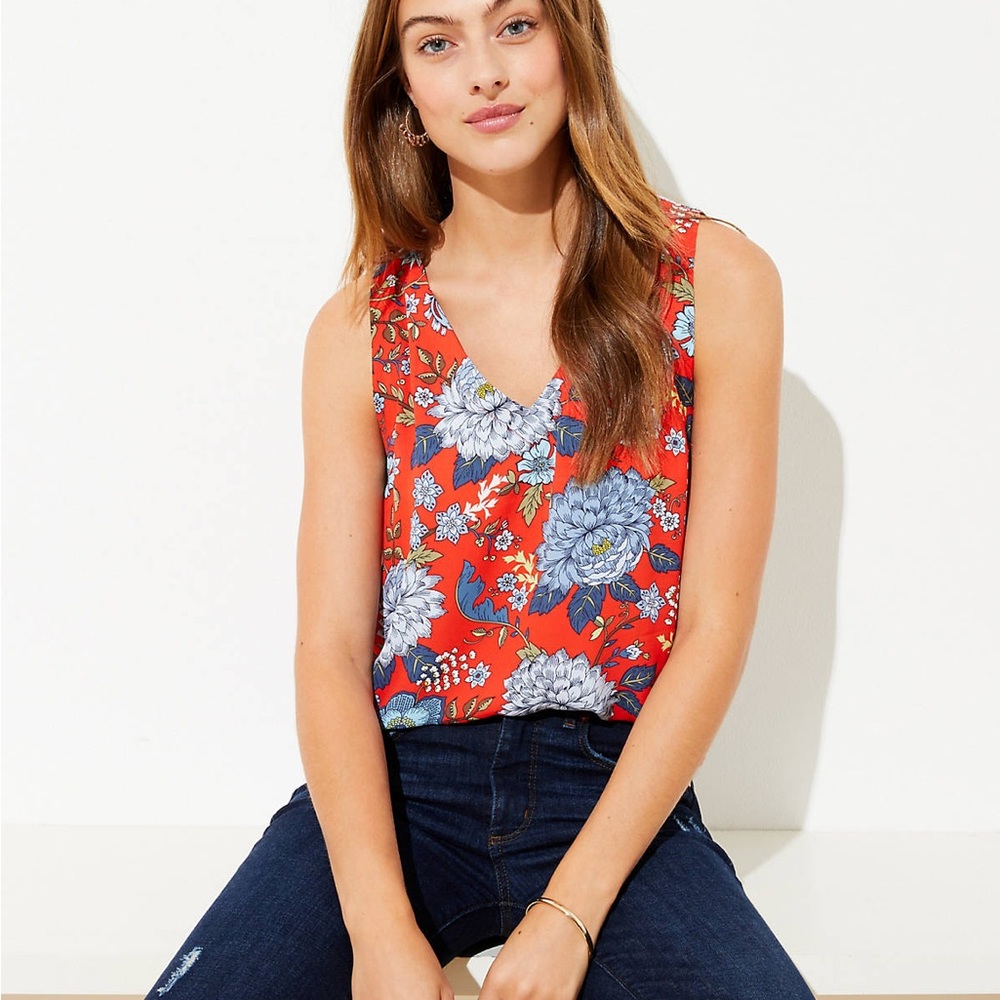 Women’s LOFT Floral V-Neck Mixed Media Shell Blouse XS
